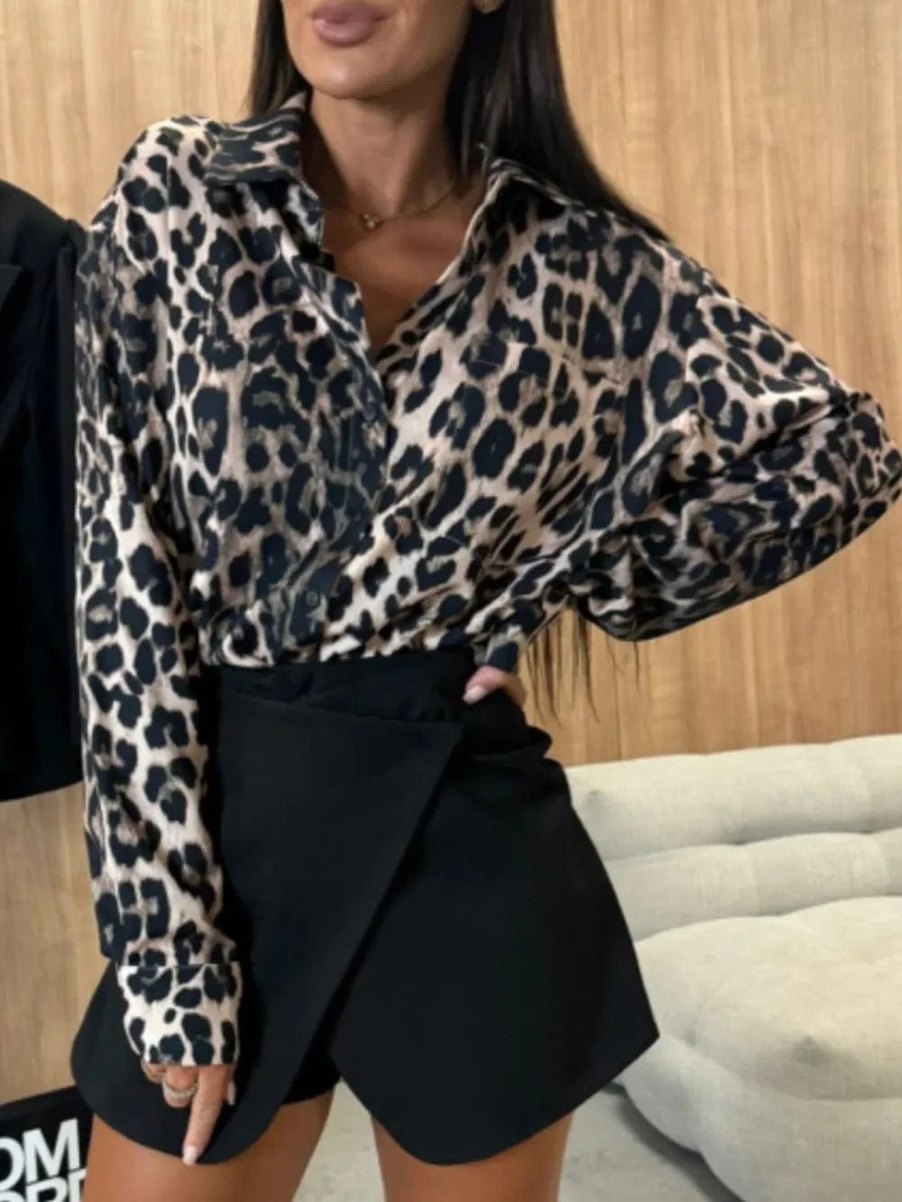Trendsi Leopard Collared Neck Long Sleeve Shirt