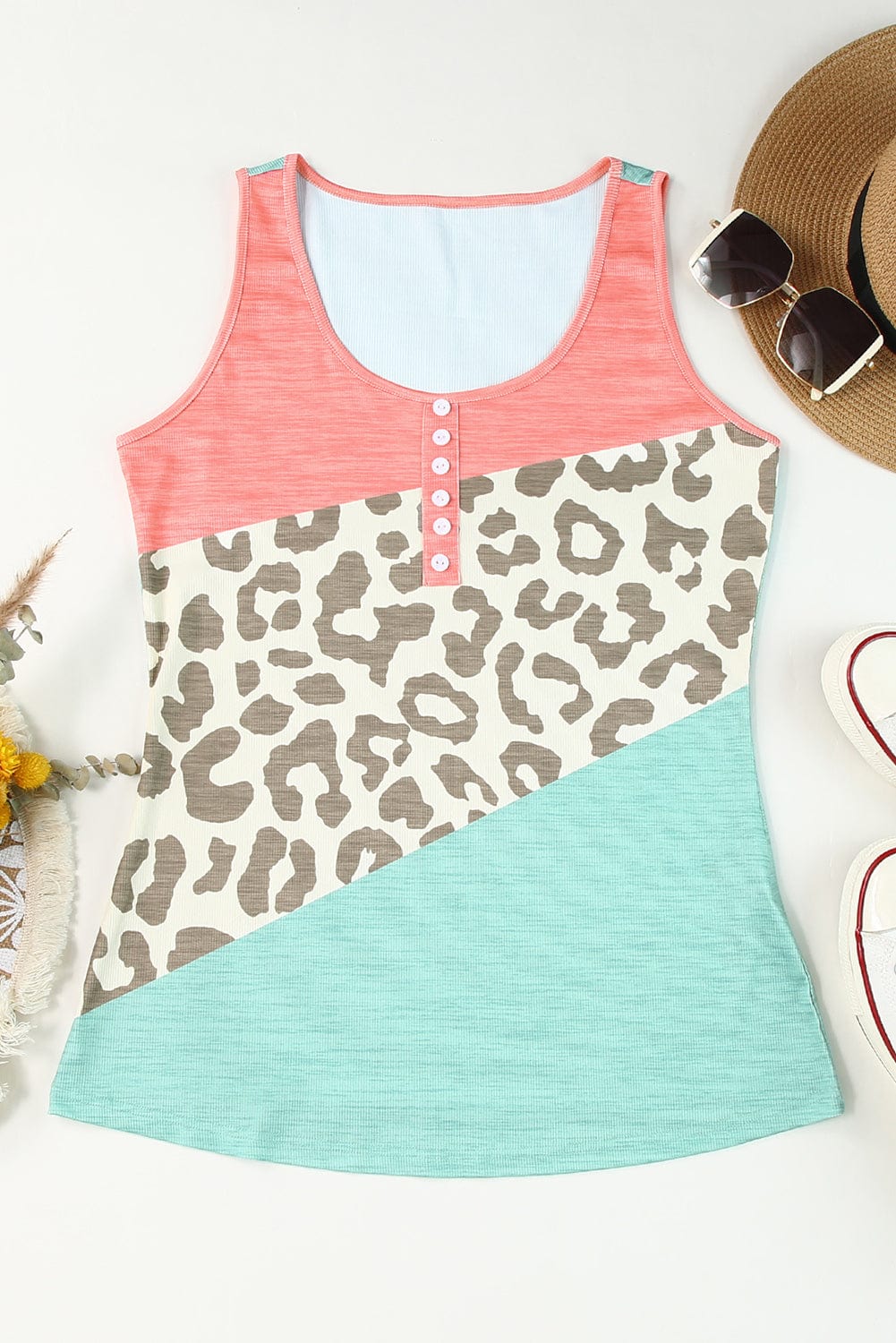 Trendsi Leopard Color Block Decorative Button Tank