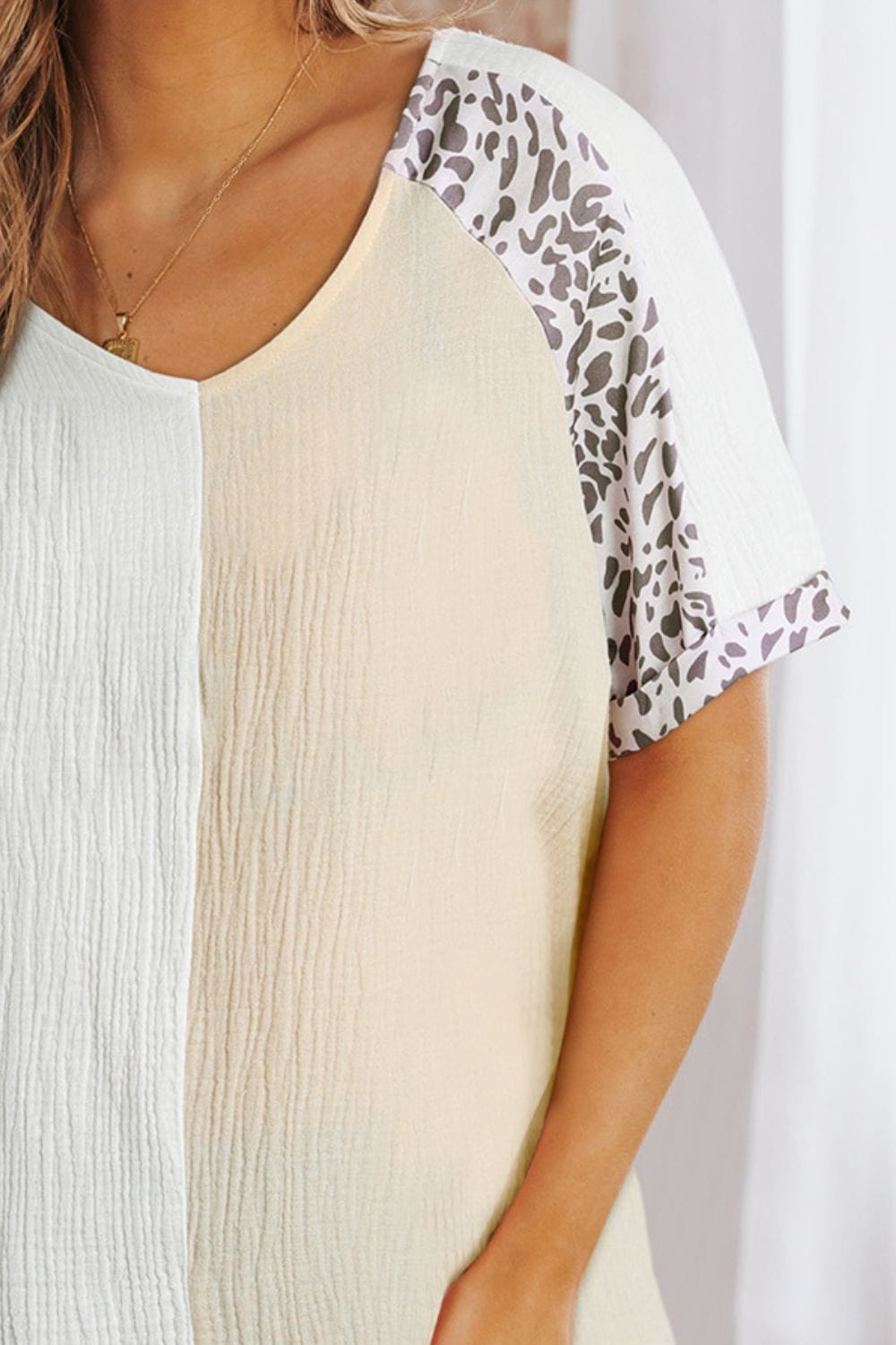 Trendsi Leopard Color Block V-Neck Top