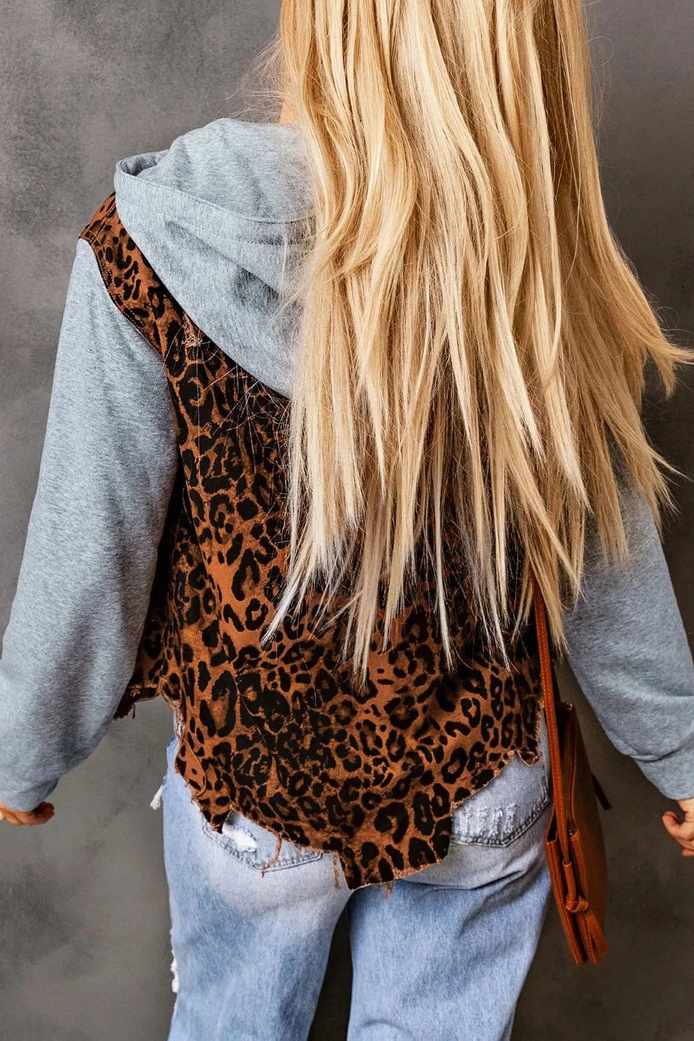 Trendsi Leopard Distressed Drawstring Hooded Denim Jacket