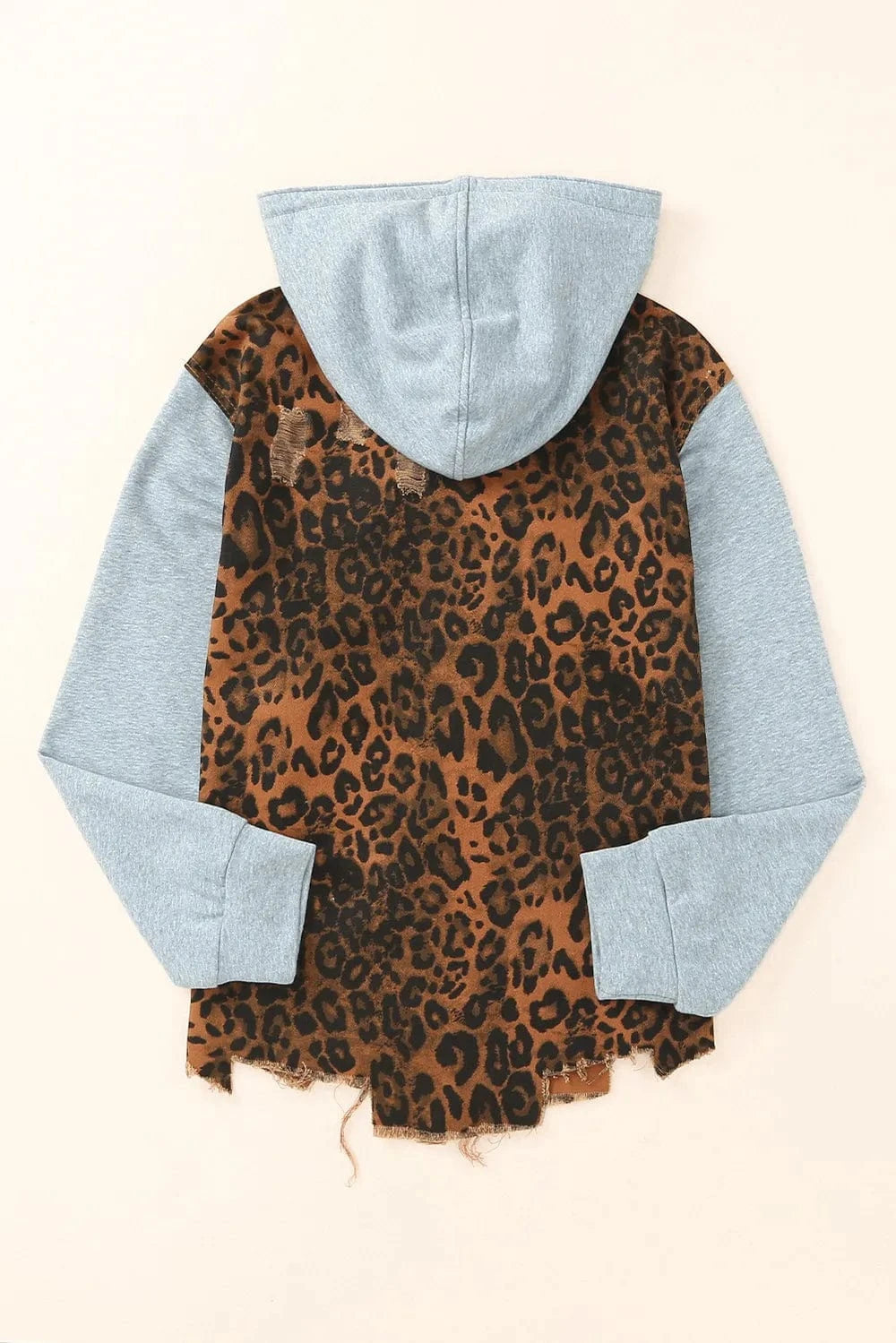 Trendsi Leopard Distressed Drawstring Hooded Denim Jacket