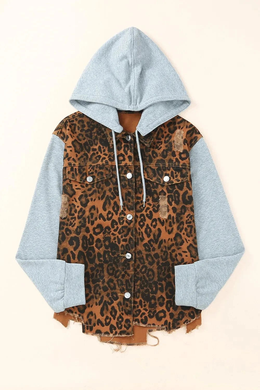 Trendsi Leopard Distressed Drawstring Hooded Denim Jacket