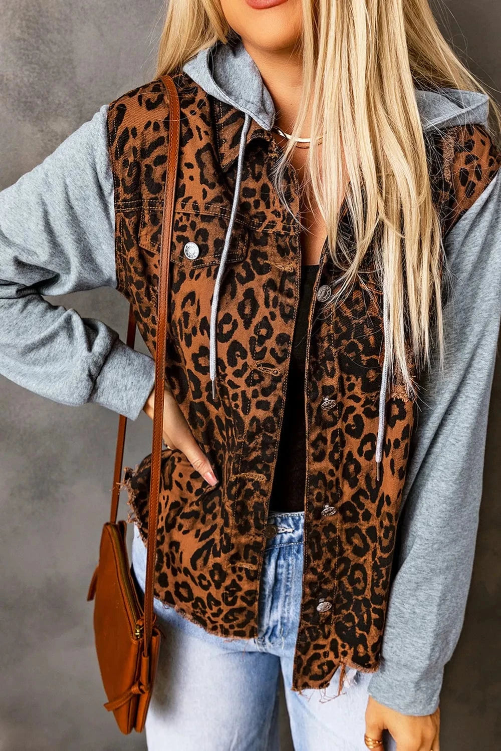 Trendsi Leopard Distressed Drawstring Hooded Denim Jacket