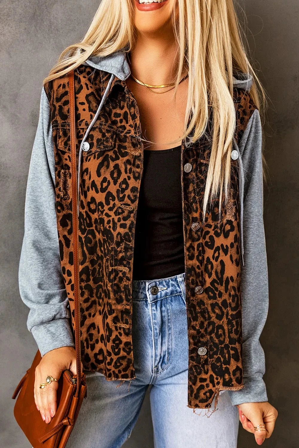 Trendsi Leopard Distressed Drawstring Hooded Denim Jacket