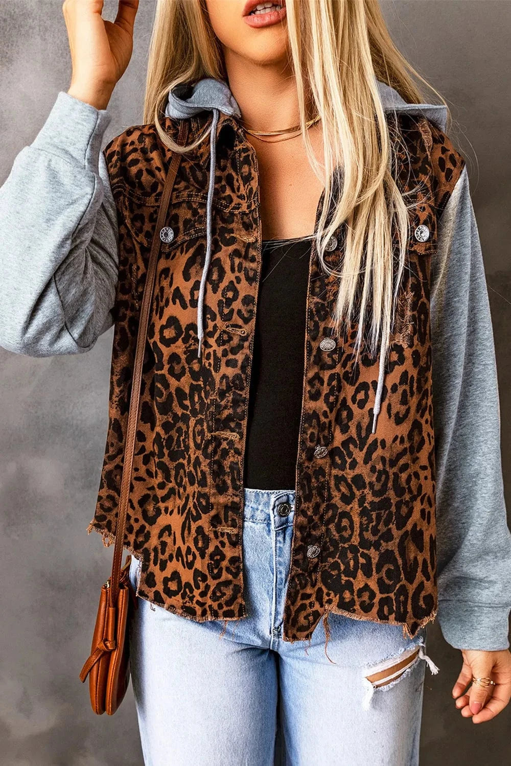Trendsi Leopard Distressed Drawstring Hooded Denim Jacket