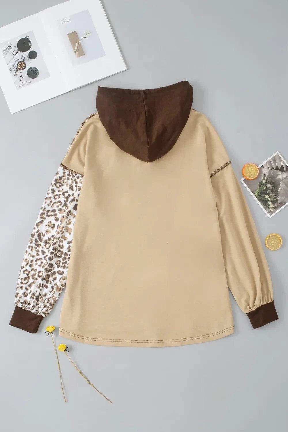 Trendsi Leopard Drawstring Chest Pocket Hoodie