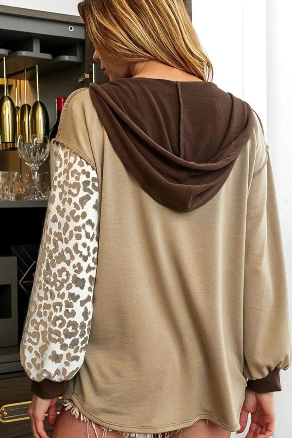 Trendsi Leopard Drawstring Chest Pocket Hoodie