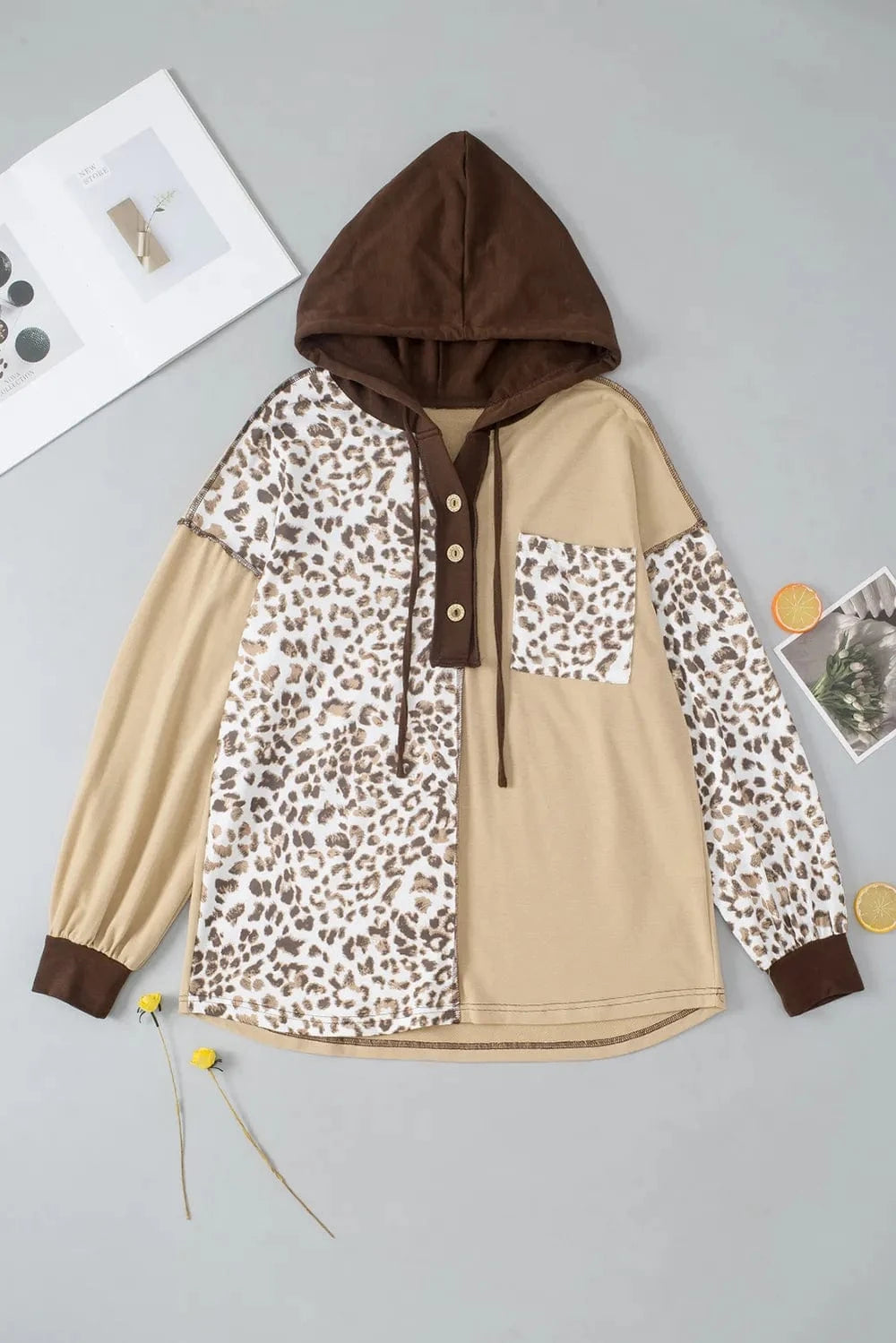 Trendsi Leopard Drawstring Chest Pocket Hoodie