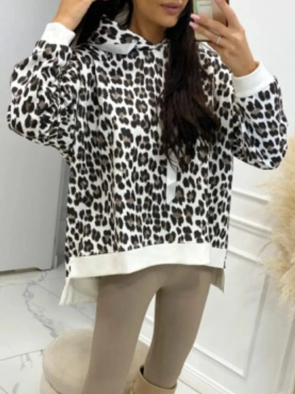 Trendsi Leopard Dropped Shoulder Hoodie
