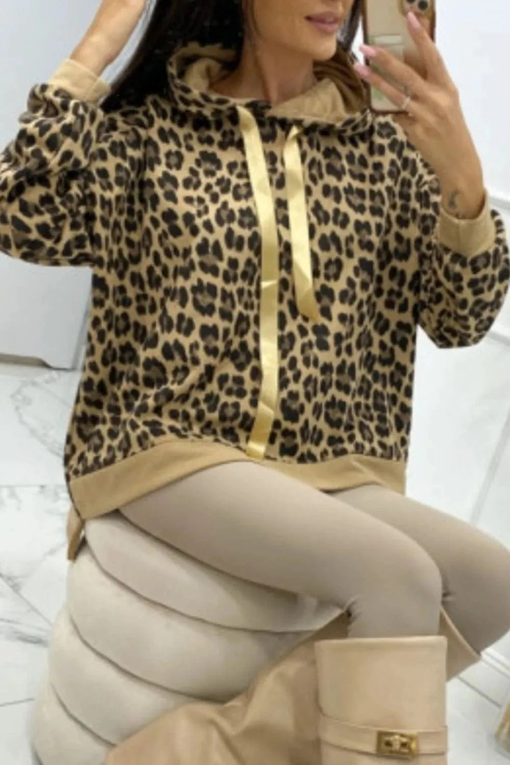 Trendsi Leopard Dropped Shoulder Hoodie
