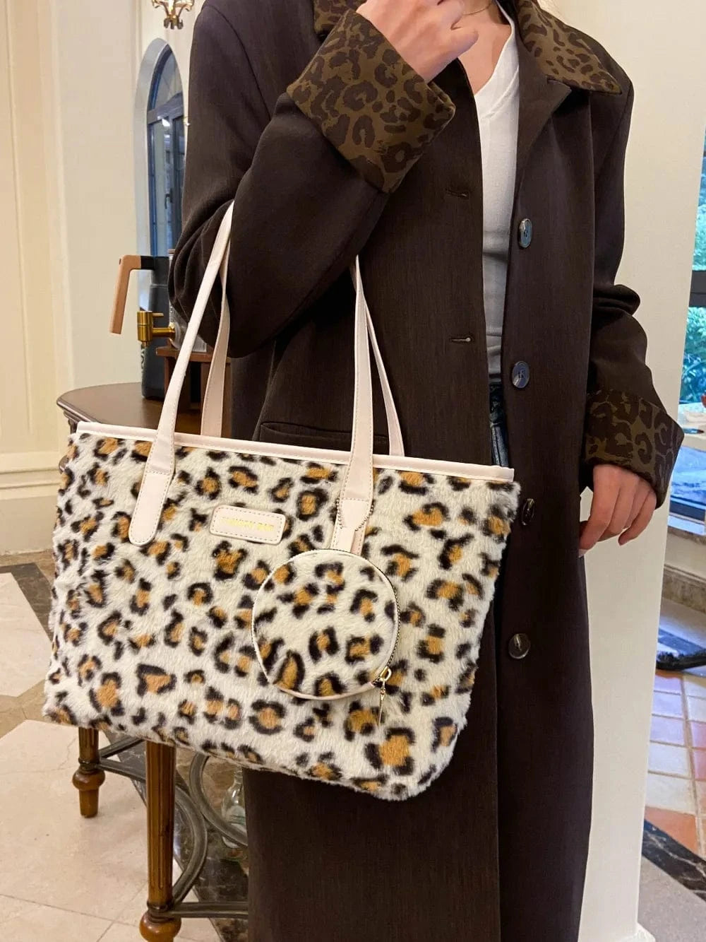 Trendsi Leopard Faux Fur Tote Bag with Coin Purse