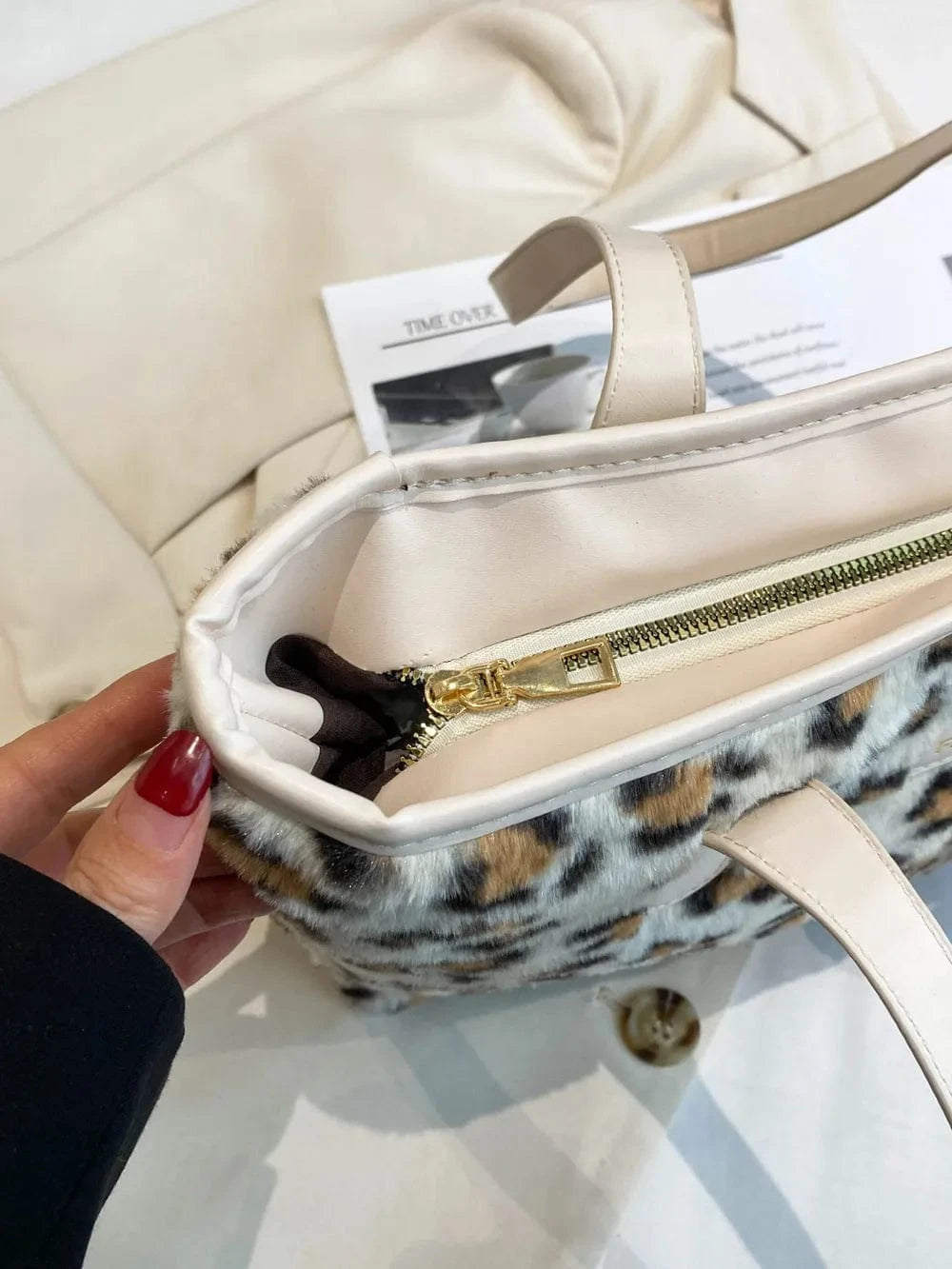 Trendsi Leopard Faux Fur Tote Bag with Coin Purse