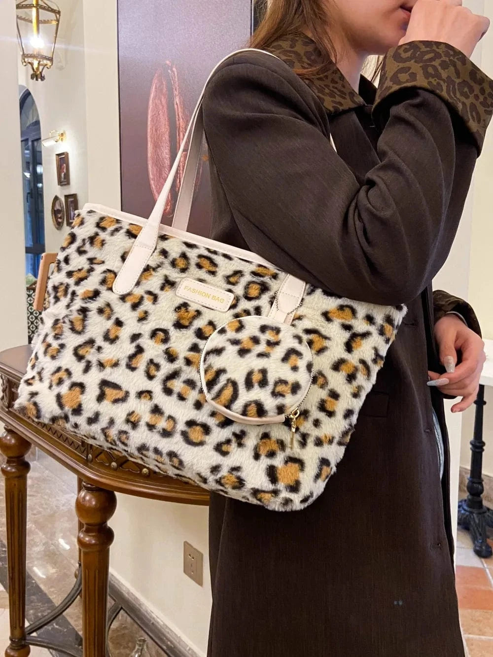 Trendsi Leopard Faux Fur Tote Bag with Coin Purse