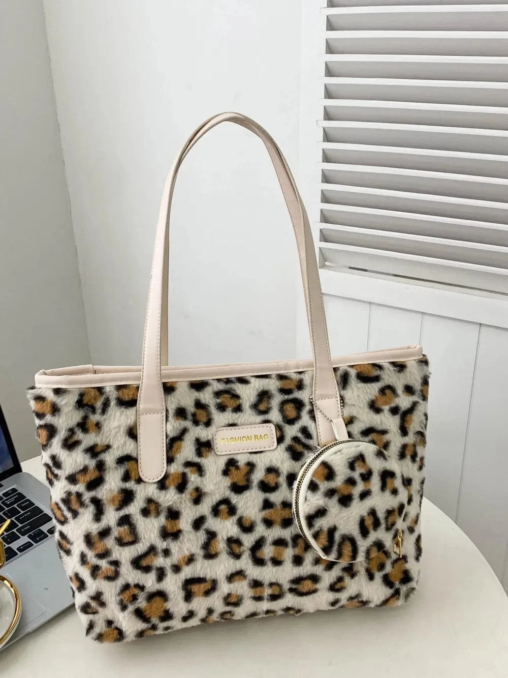 Trendsi Leopard Faux Fur Tote Bag with Coin Purse
