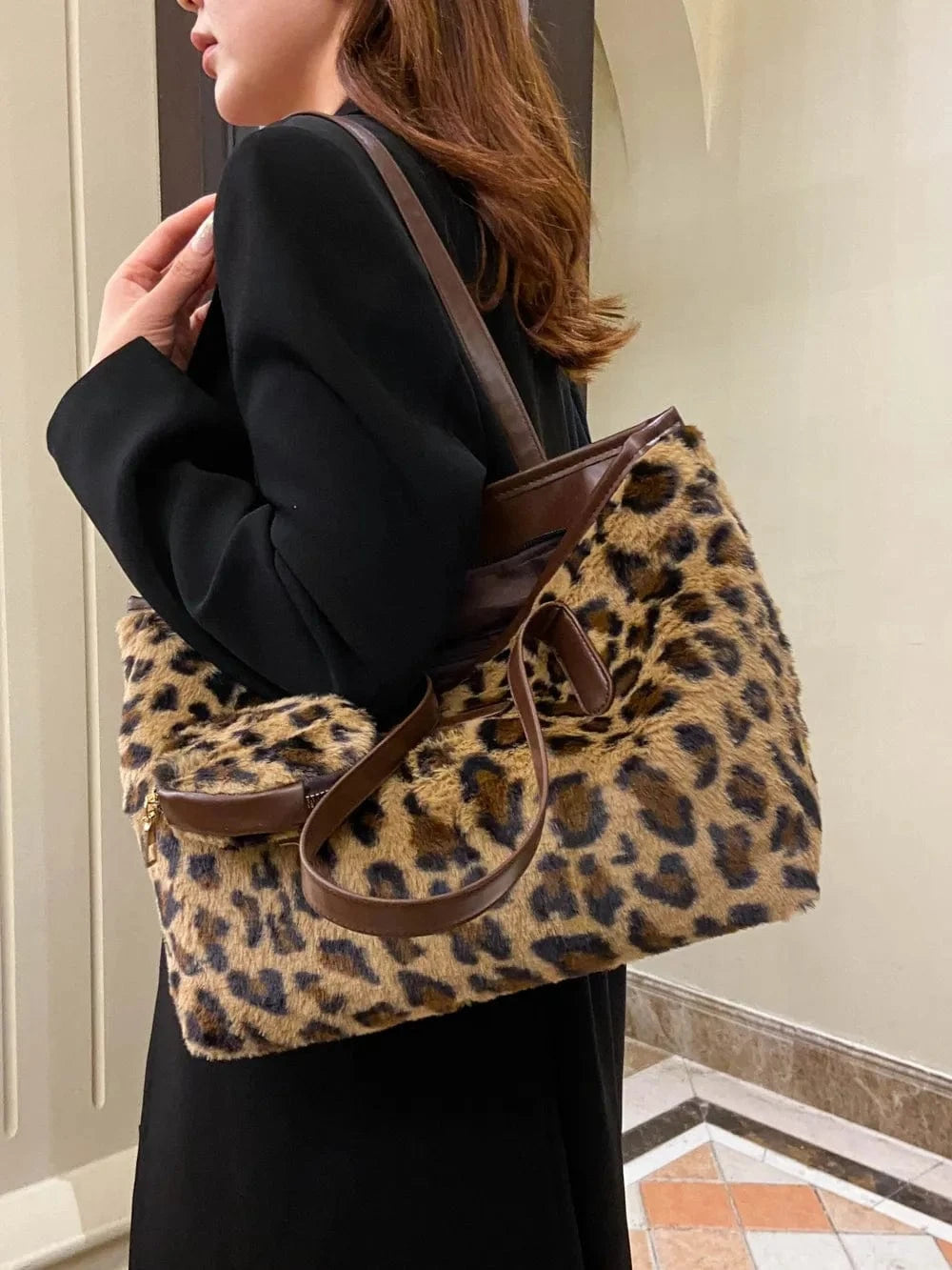 Trendsi Leopard Faux Fur Tote Bag with Coin Purse