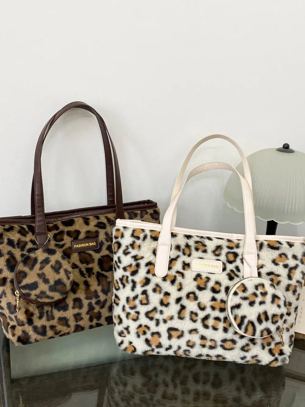 Trendsi Leopard Faux Fur Tote Bag with Coin Purse