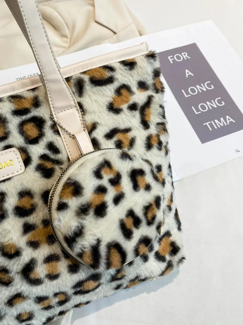 Trendsi Leopard Faux Fur Tote Bag with Coin Purse