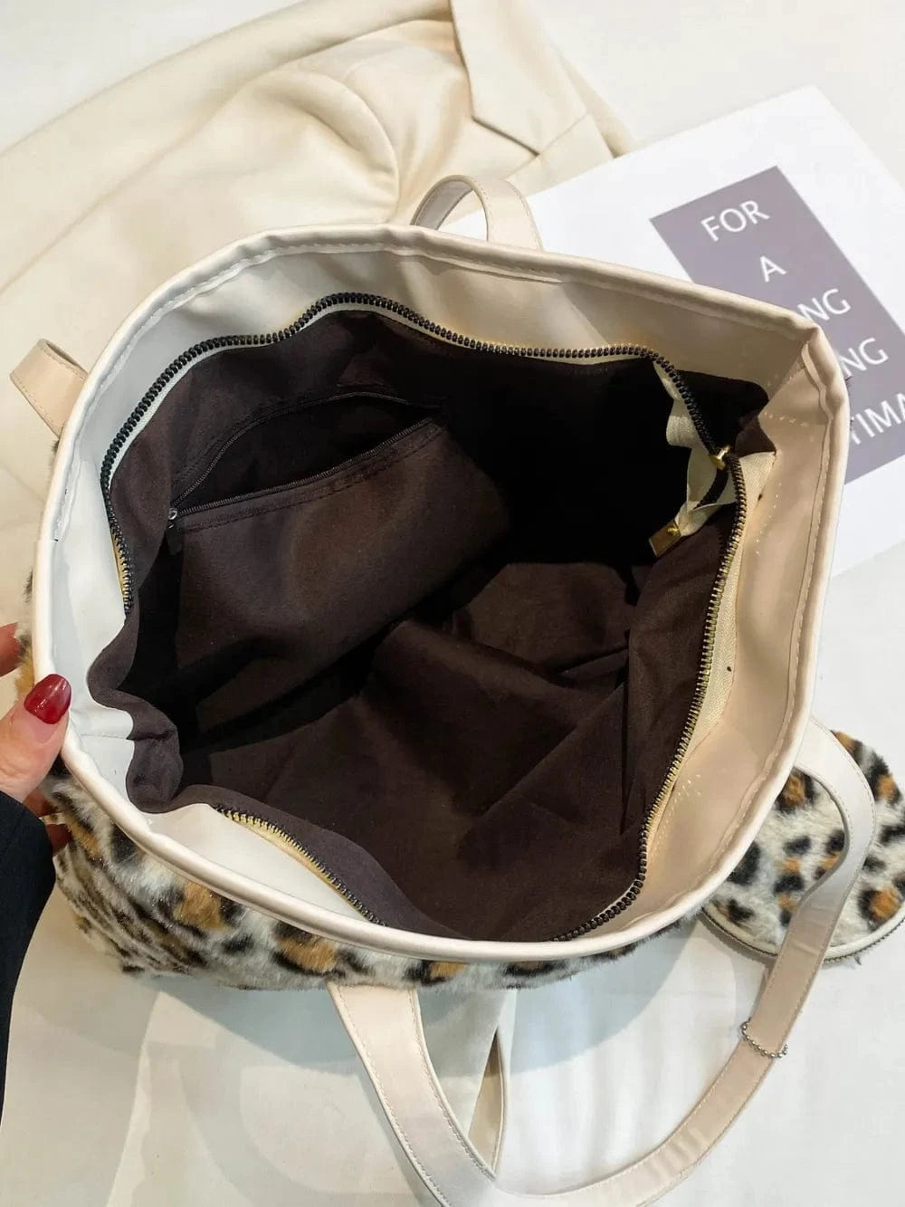 Trendsi Leopard Faux Fur Tote Bag with Coin Purse