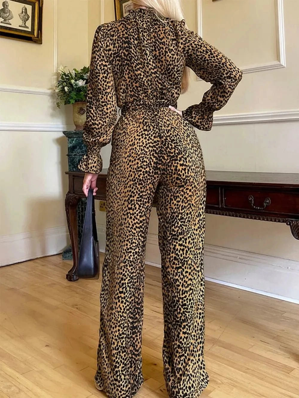 Trendsi Leopard Flounce Sleeve Wide Leg Jumpsuit