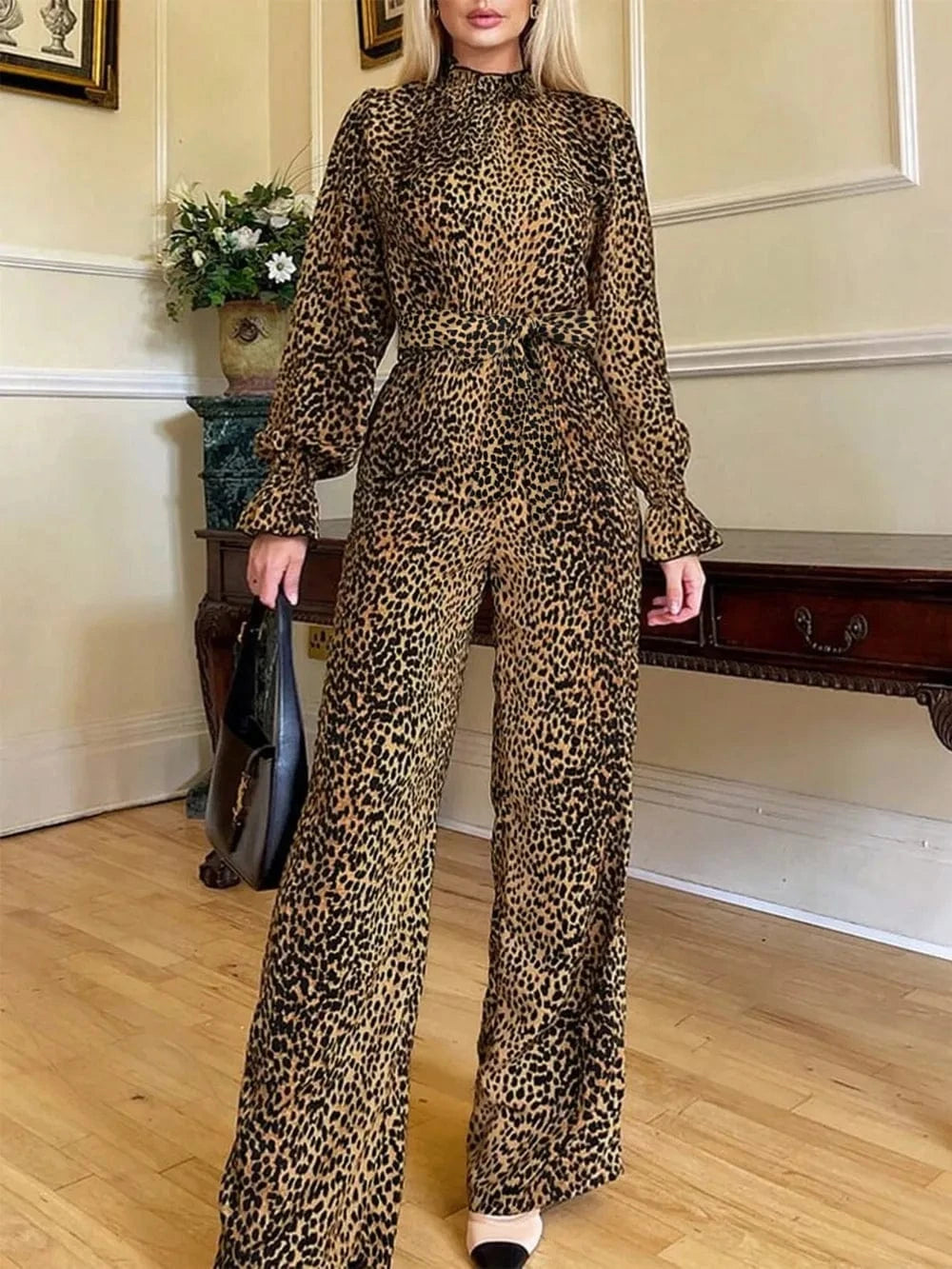 Trendsi Leopard Flounce Sleeve Wide Leg Jumpsuit