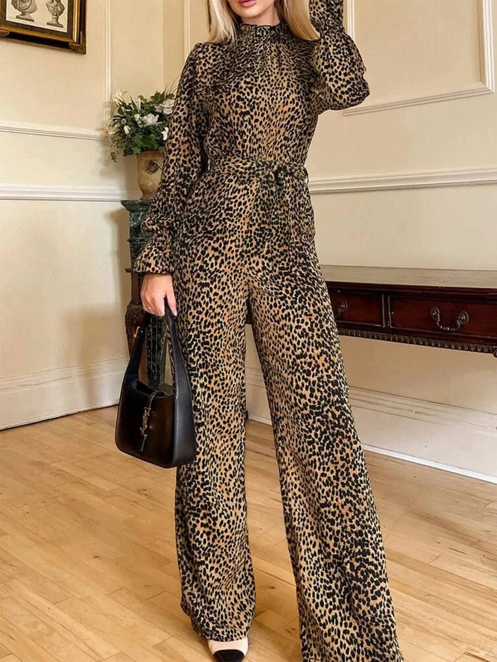 Trendsi Leopard Flounce Sleeve Wide Leg Jumpsuit