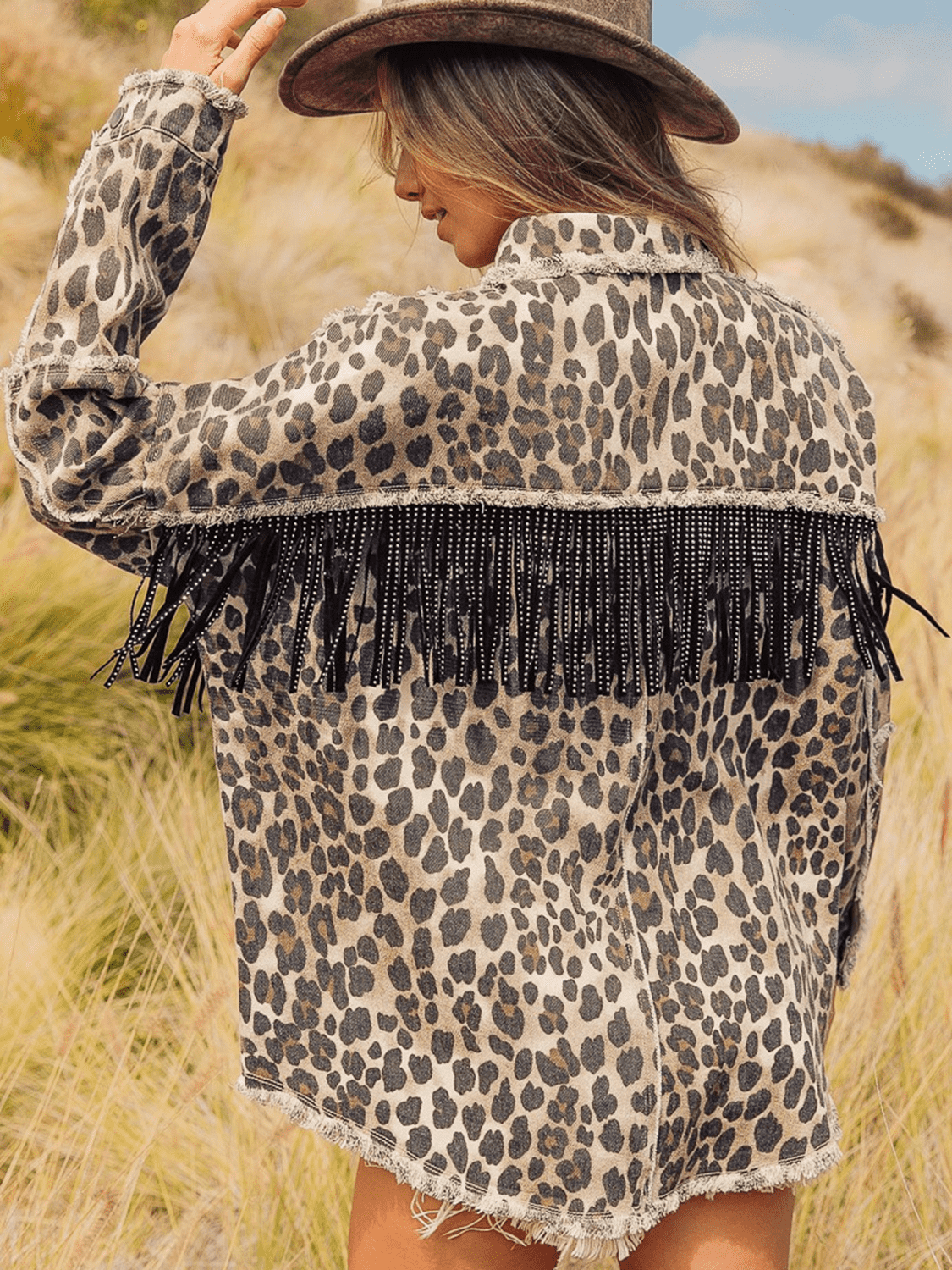 Trendsi Leopard Fringe Detail Collared Neck Denim Jacket