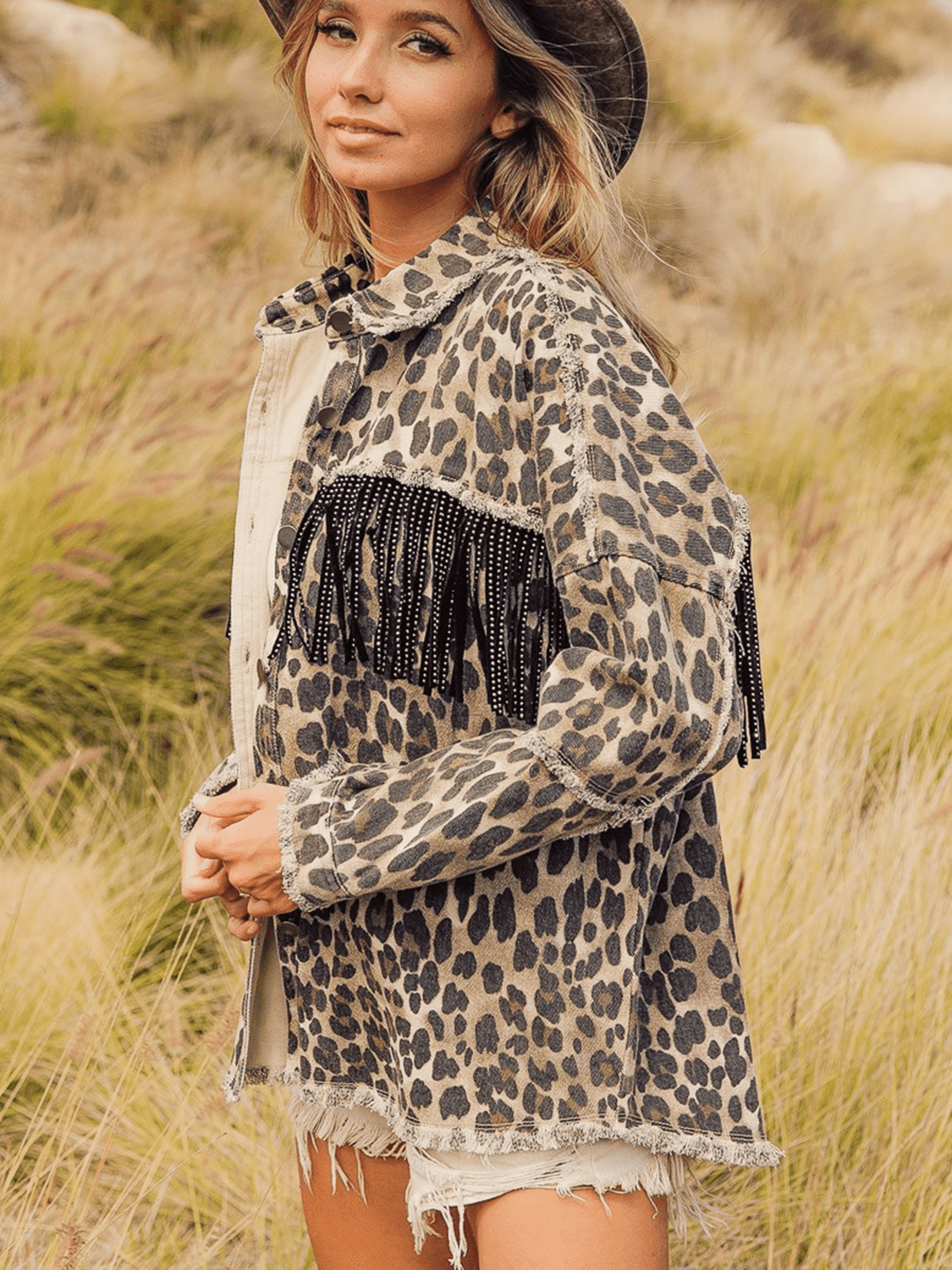 Trendsi Leopard Fringe Detail Collared Neck Denim Jacket