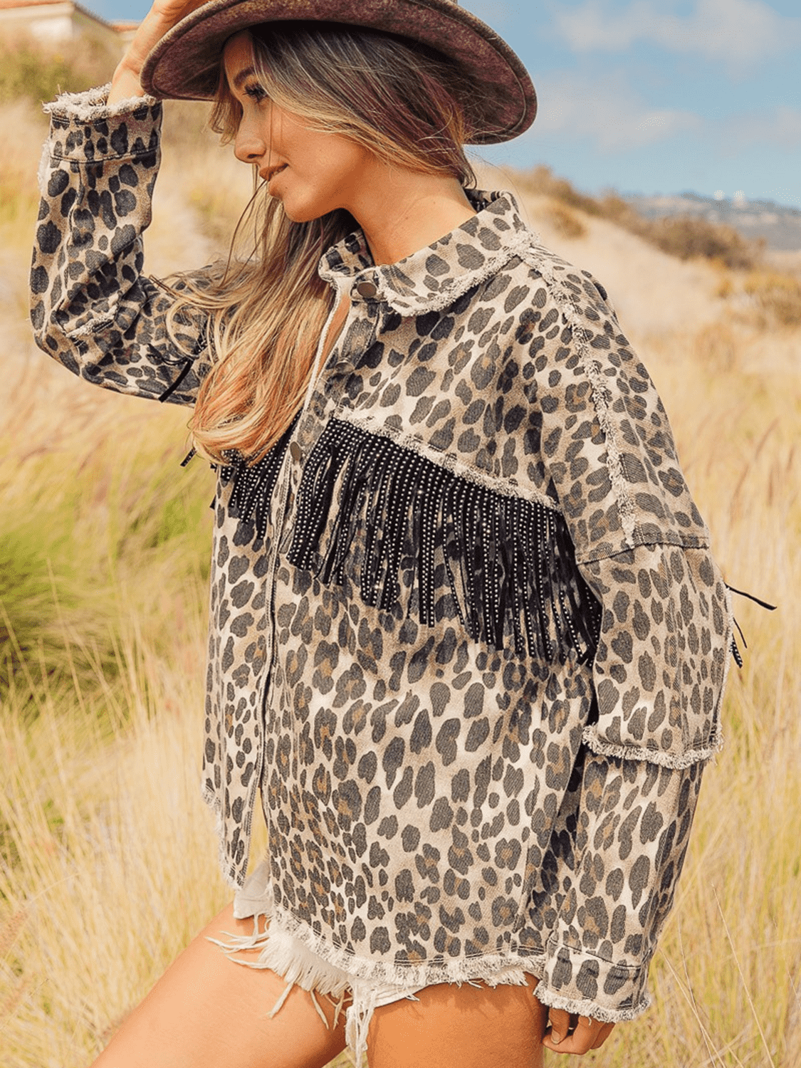 Trendsi Leopard Fringe Detail Collared Neck Denim Jacket