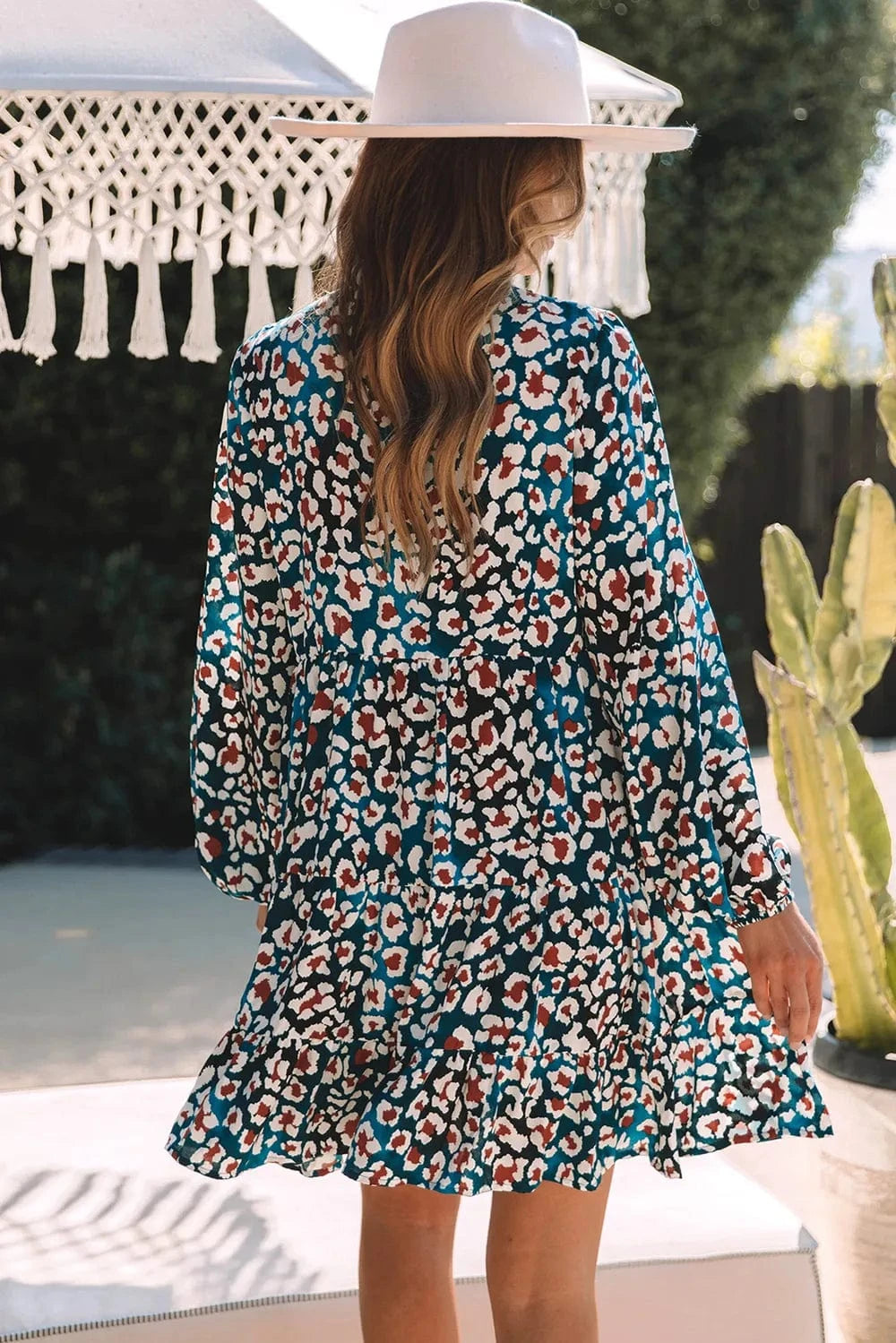 Trendsi Leopard Half Button Balloon Sleeve Tiered Dress