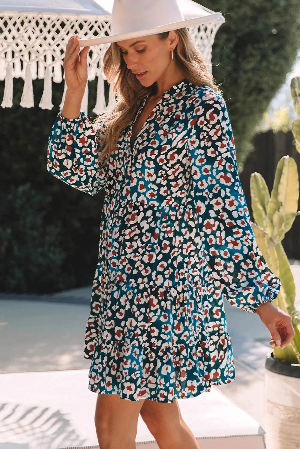 Trendsi Leopard Half Button Balloon Sleeve Tiered Dress