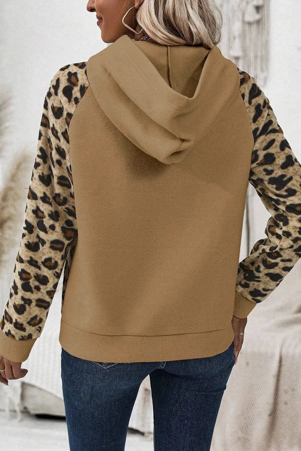 Trendsi Leopard Half Button Long Sleeve Hoodie