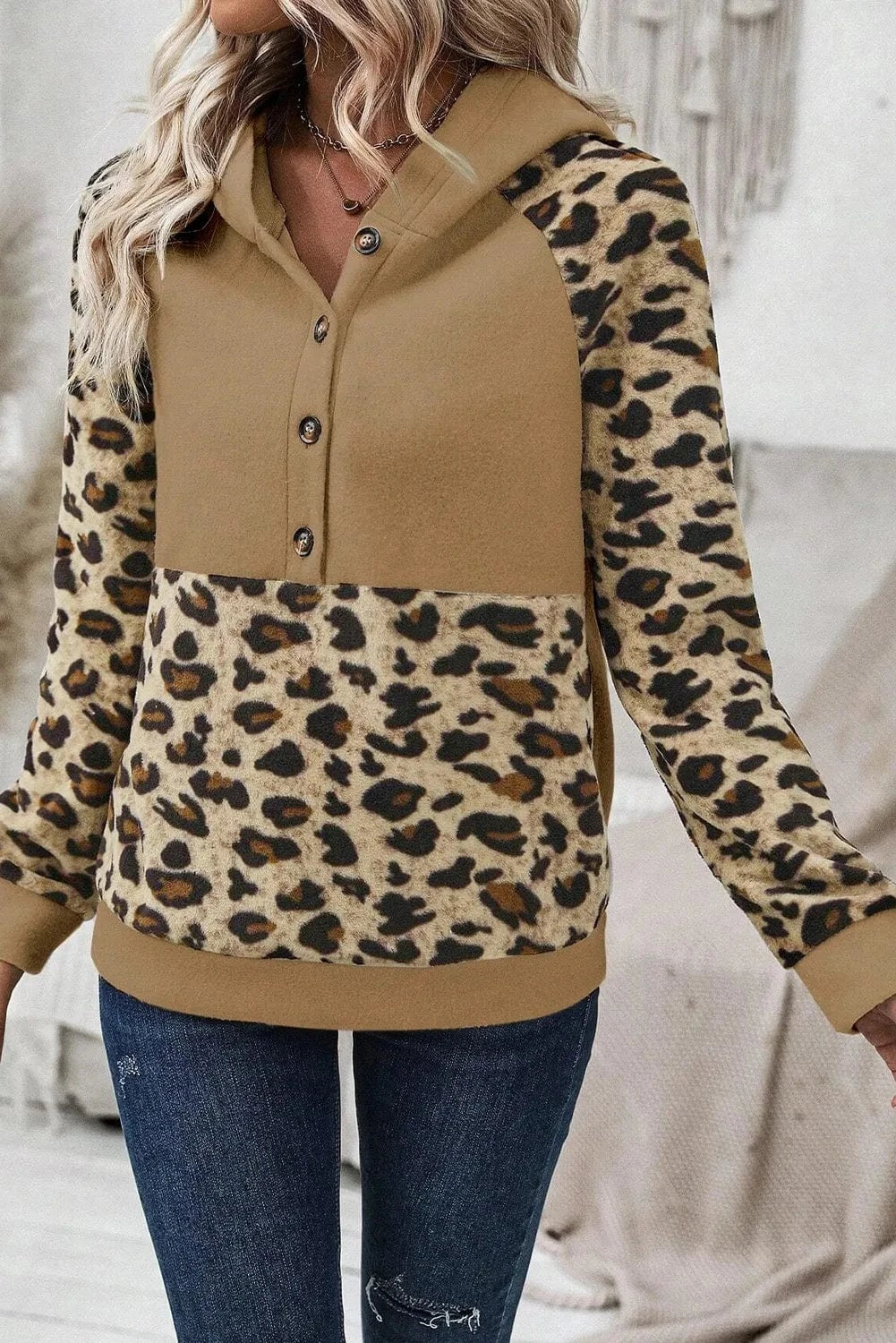 Trendsi Leopard Half Button Long Sleeve Hoodie