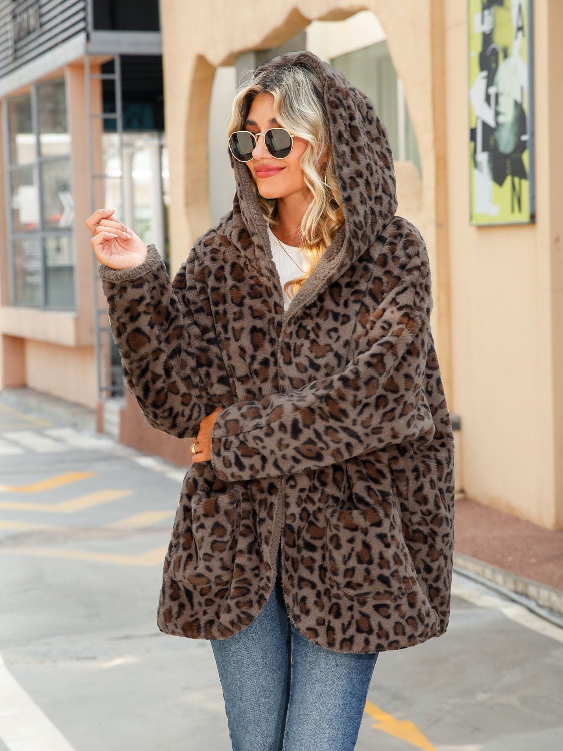 Trendsi Leopard Hooded Coat with Pockets