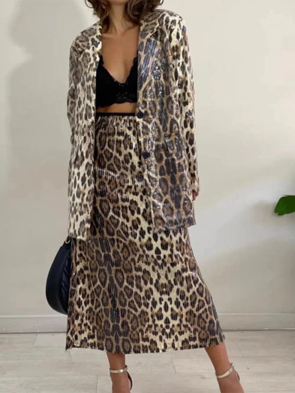 Trendsi Leopard Lapel Collar Long Sleeve Longline Blazer