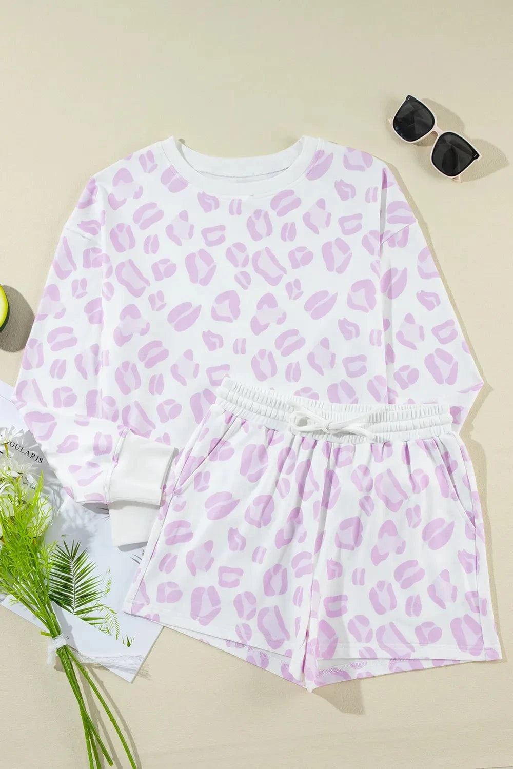 Trendsi Leopard Long Sleeve Top and Drawstring Shorts Lounge Set