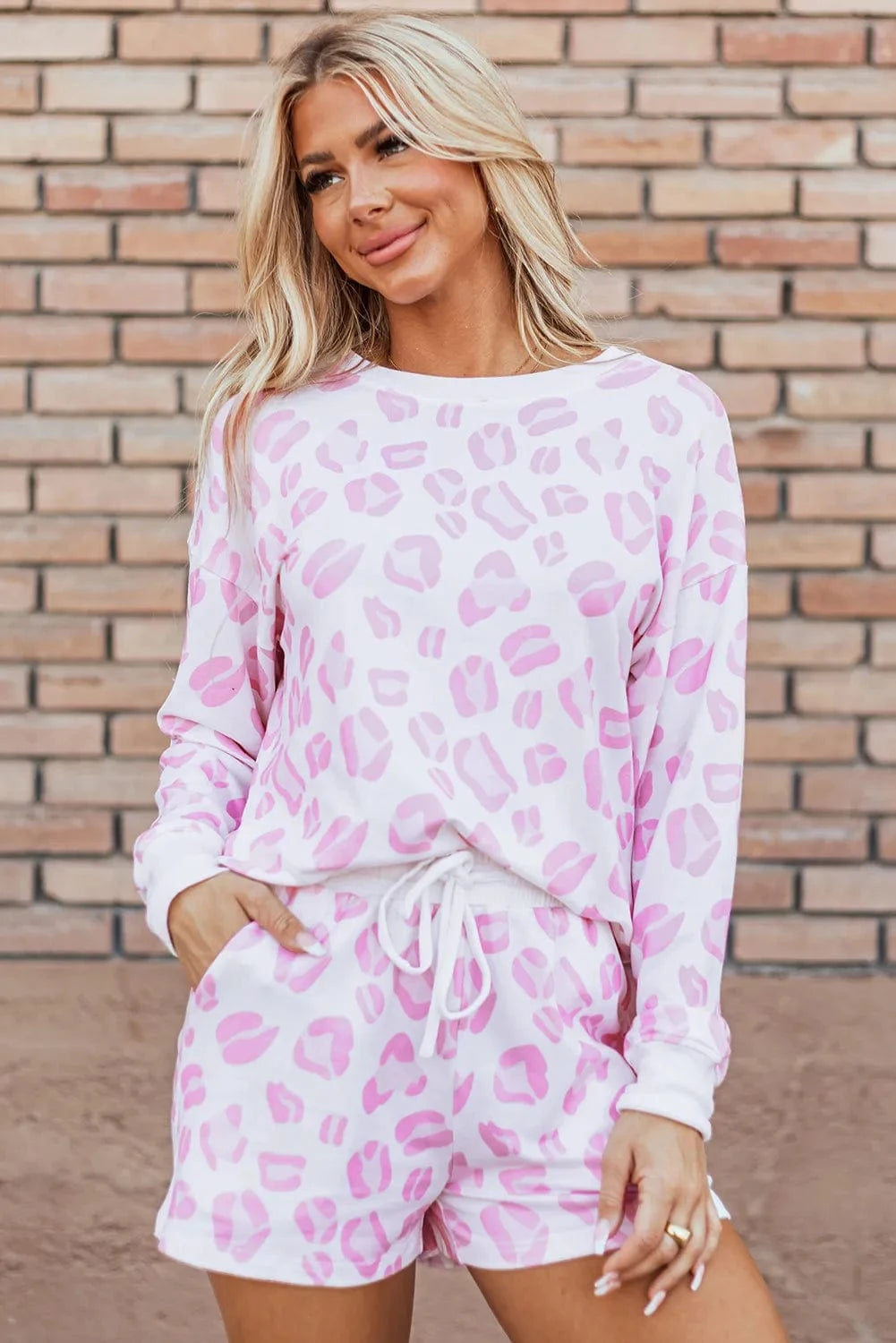 Trendsi Leopard Long Sleeve Top and Drawstring Shorts Lounge Set