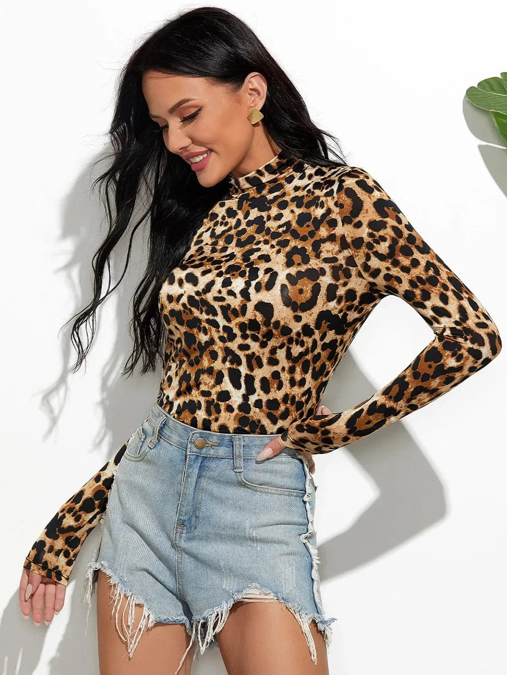 Trendsi Leopard Mock Neck Long Sleeve T-Shirt