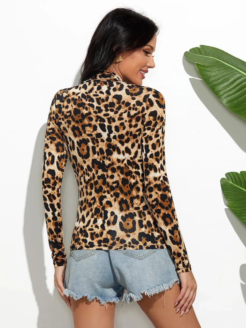 Trendsi Leopard Mock Neck Long Sleeve T-Shirt