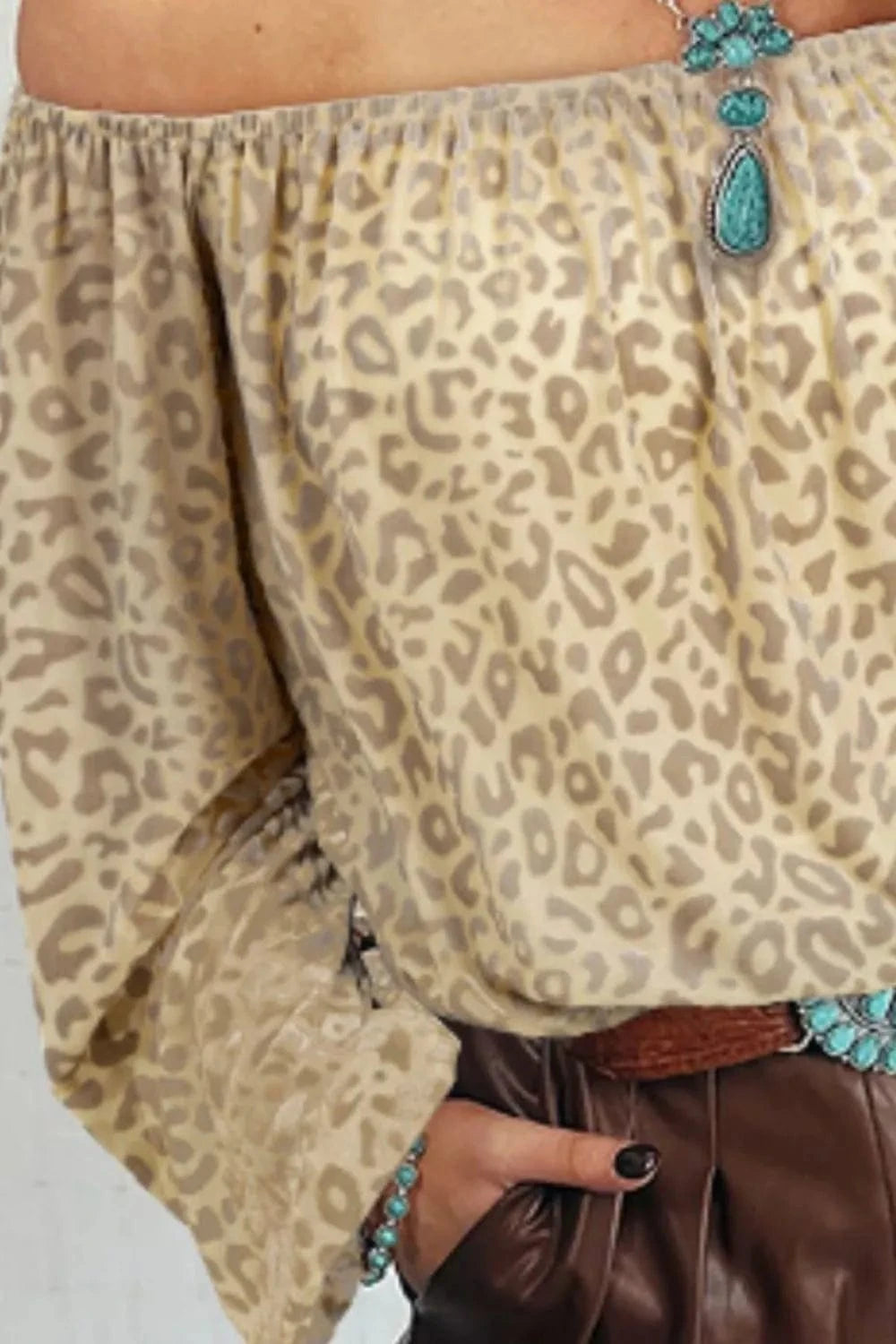 Trendsi Leopard Off-Shoulder Long Sleeve Blouse
