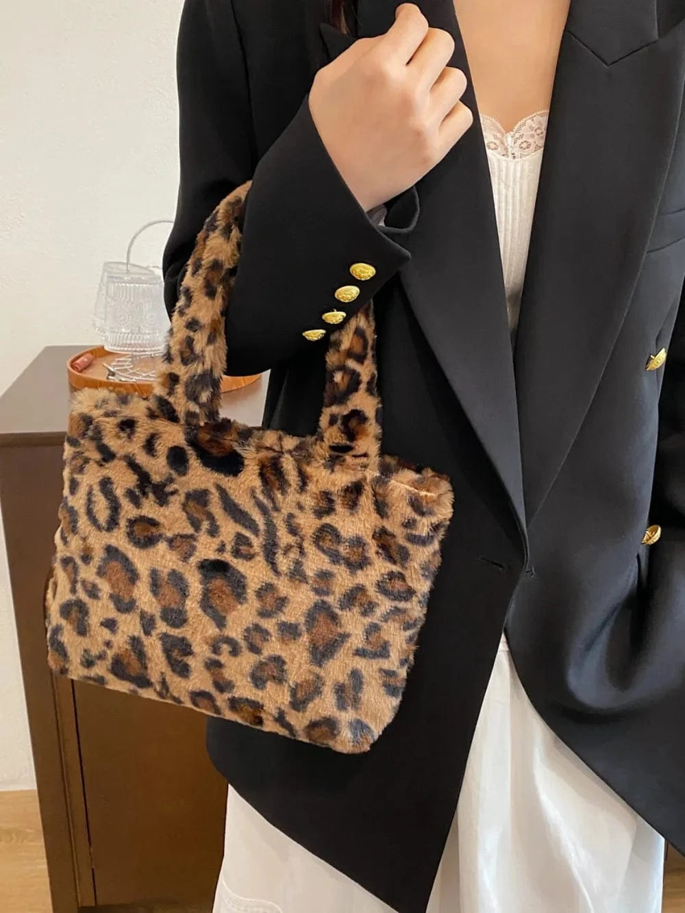 Trendsi Leopard / One Size Leopard Fluff Handbag with Zip