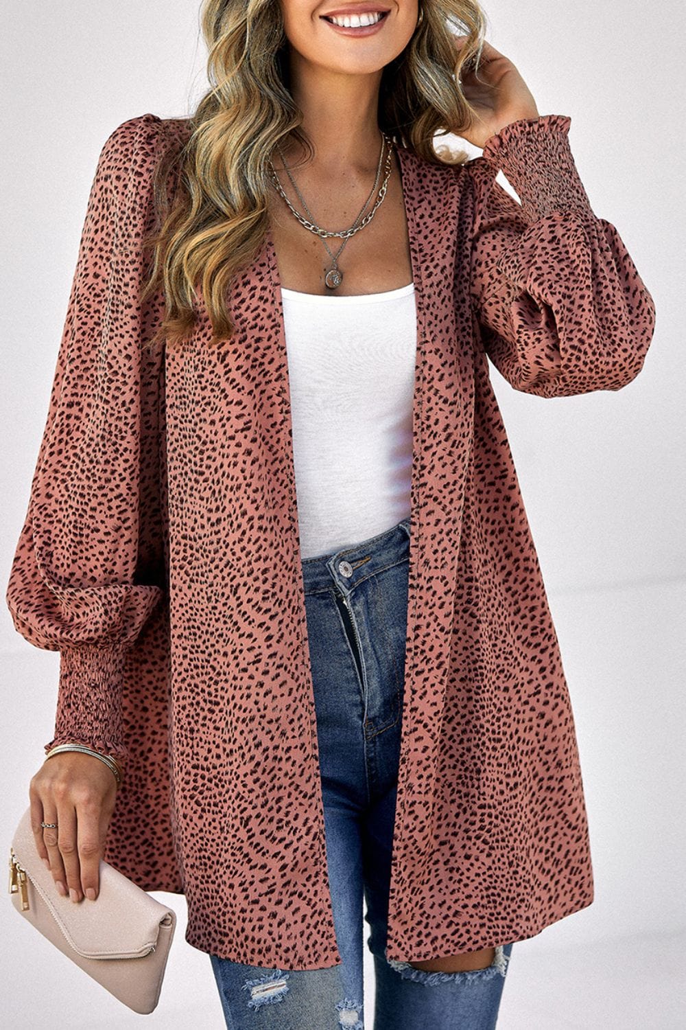 Trendsi Leopard Print Balloon Sleeve Cardigan