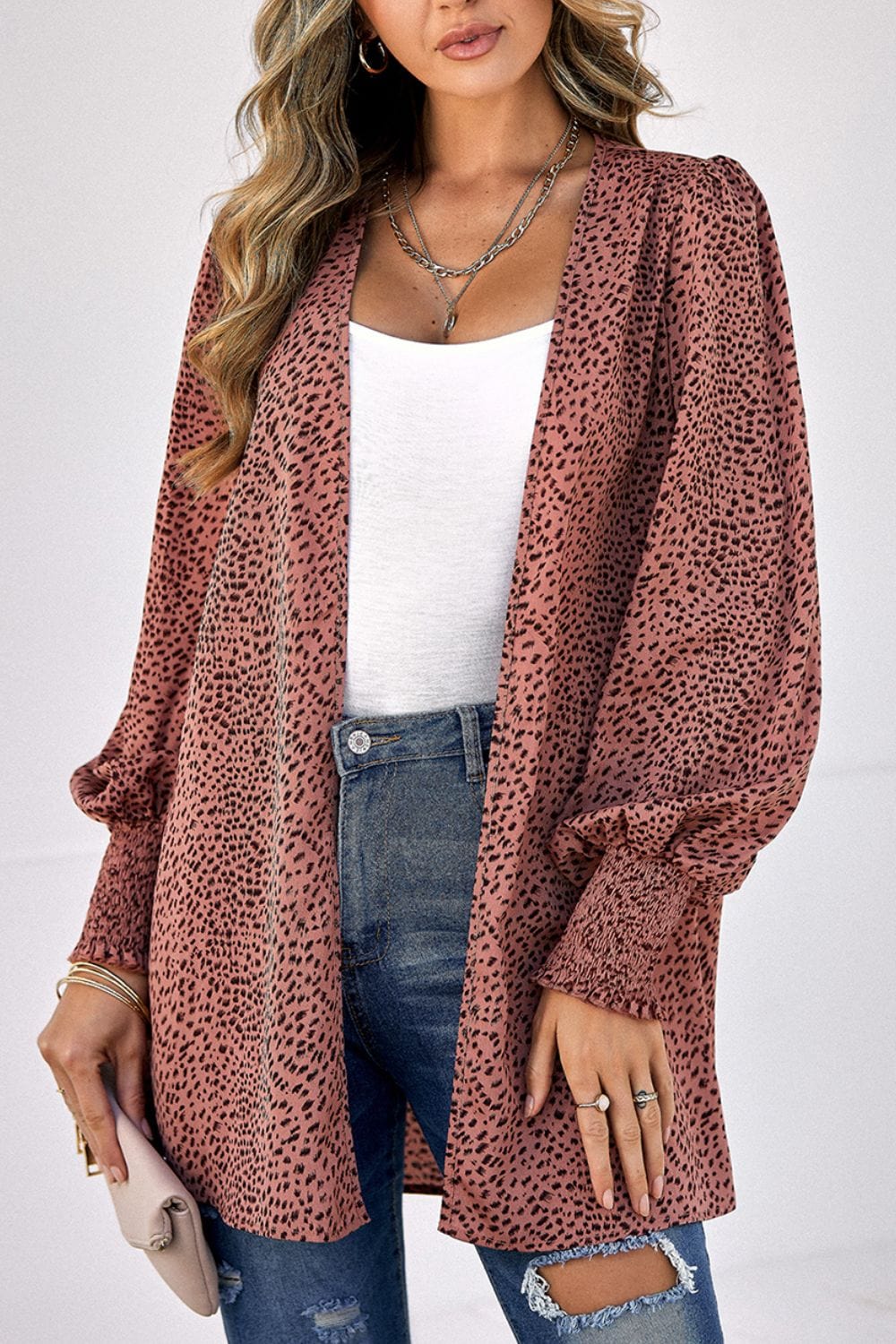 Trendsi Leopard Print Balloon Sleeve Cardigan