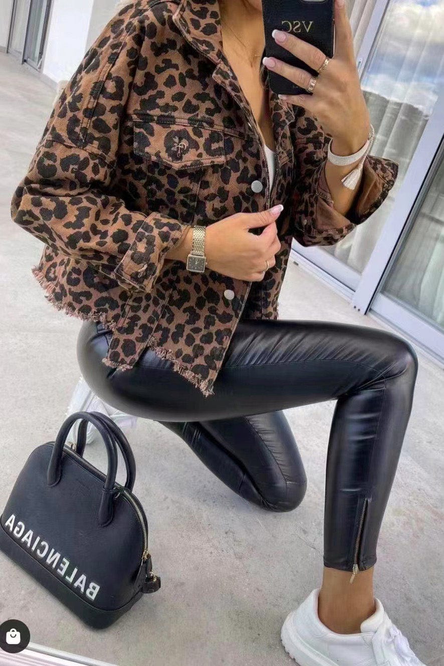 Trendsi Leopard Raw Hem Denim Jacket