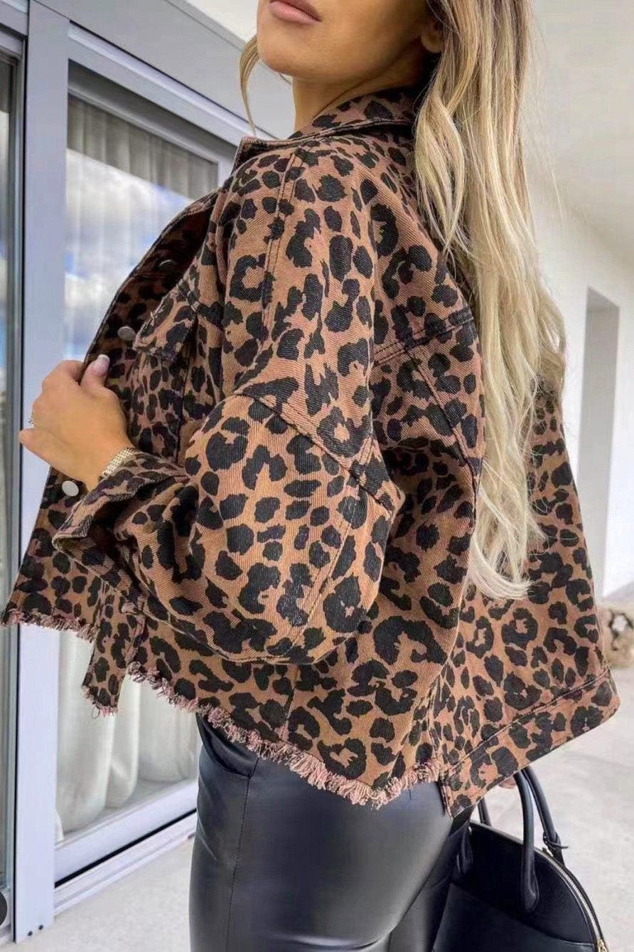 Trendsi Leopard Raw Hem Denim Jacket