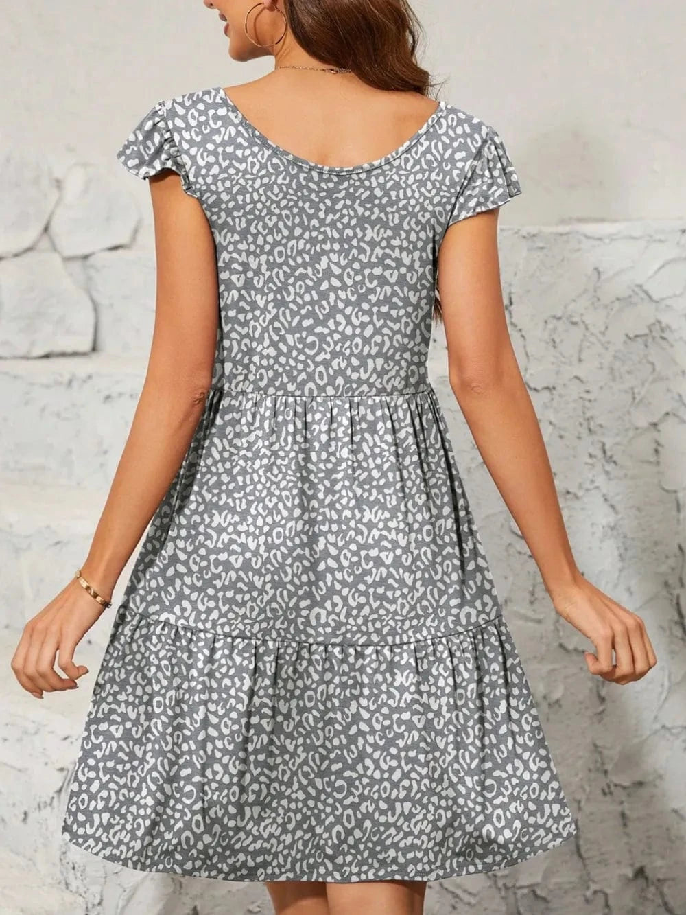 Trendsi Leopard Round Neck Cap Sleeve Mini Dress