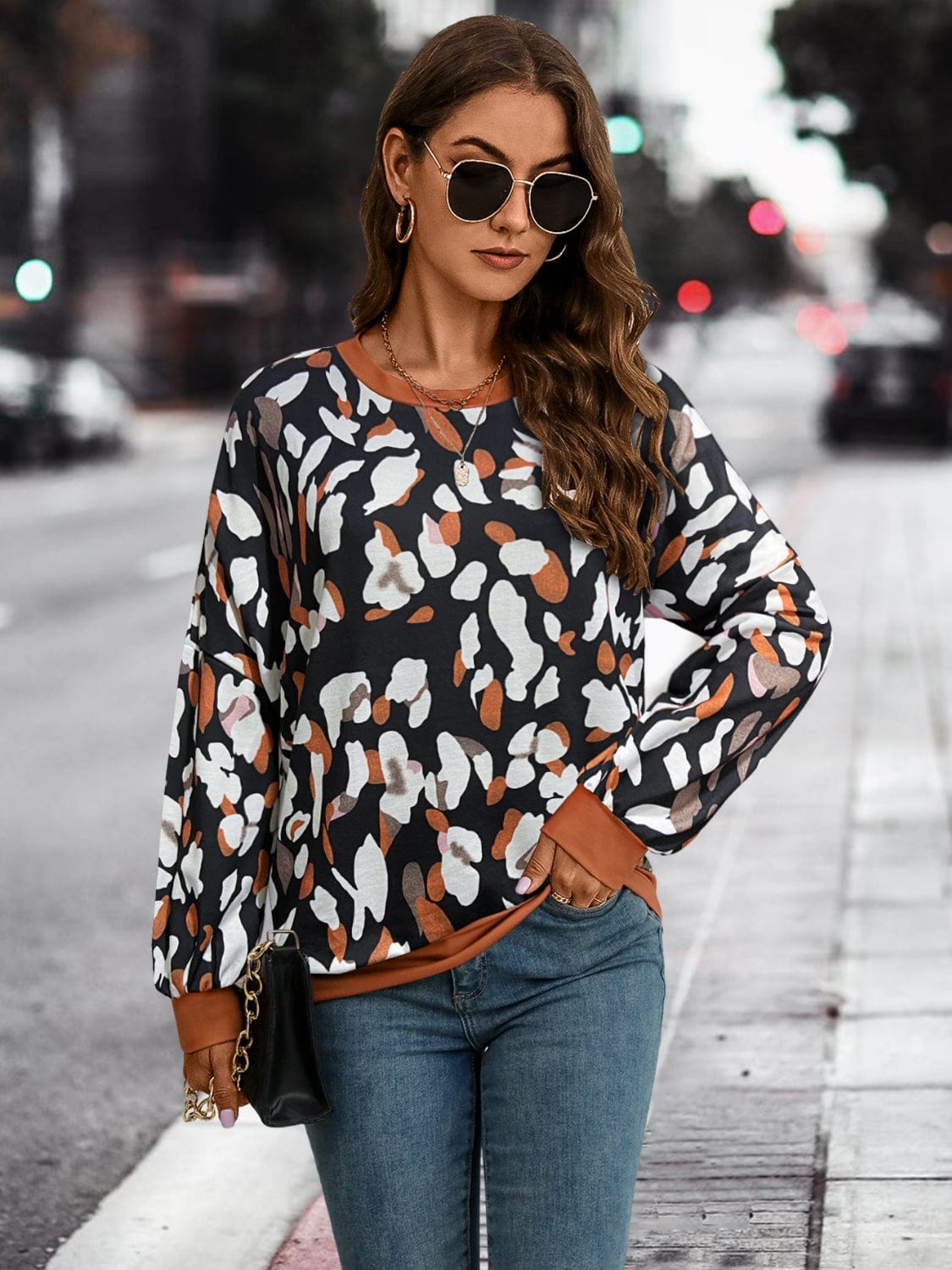 Trendsi Leopard Round Neck Drop Shoulder Sweatshirt