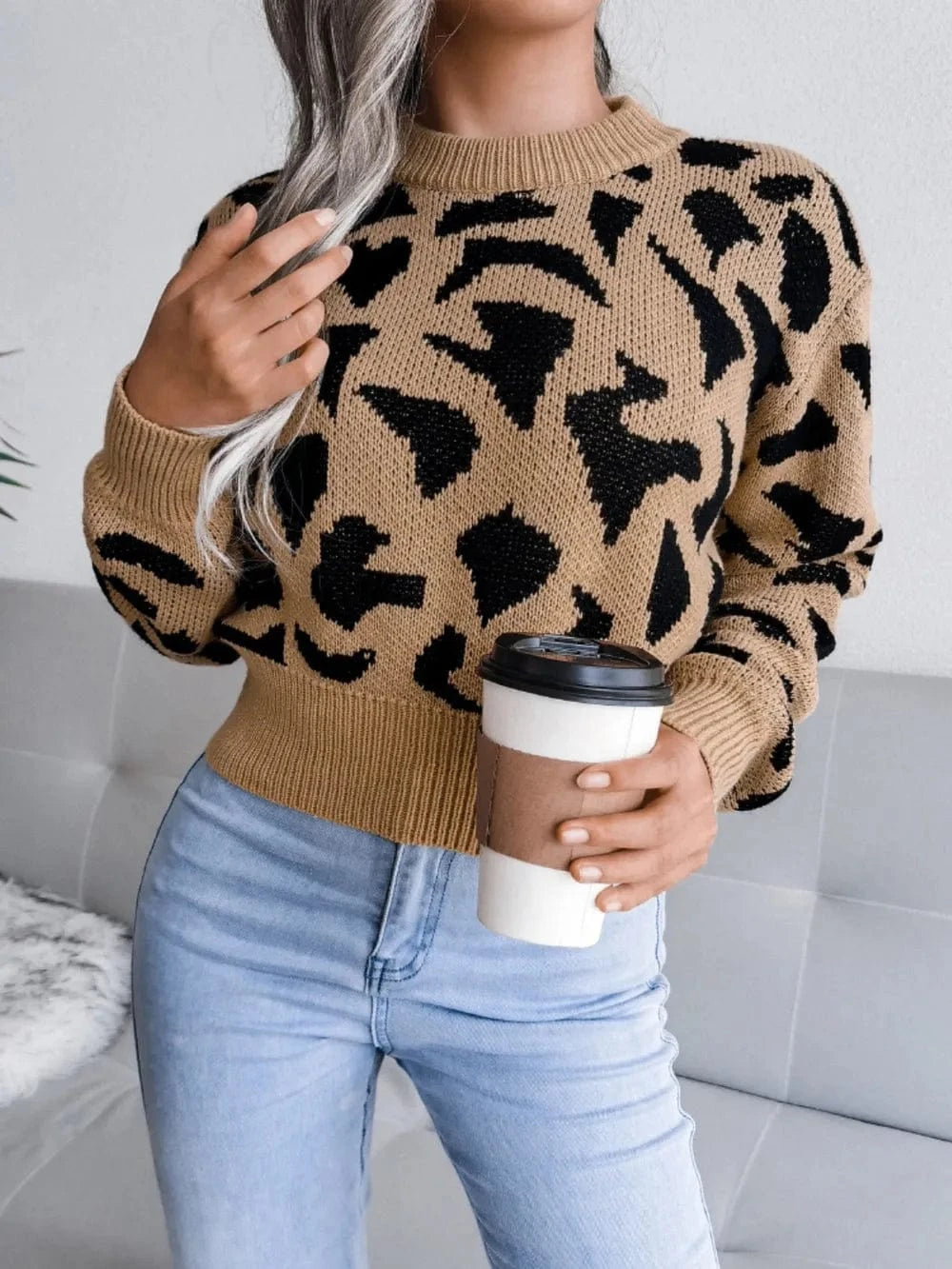 Trendsi Leopard Round Neck Dropped Shoulder Sweater