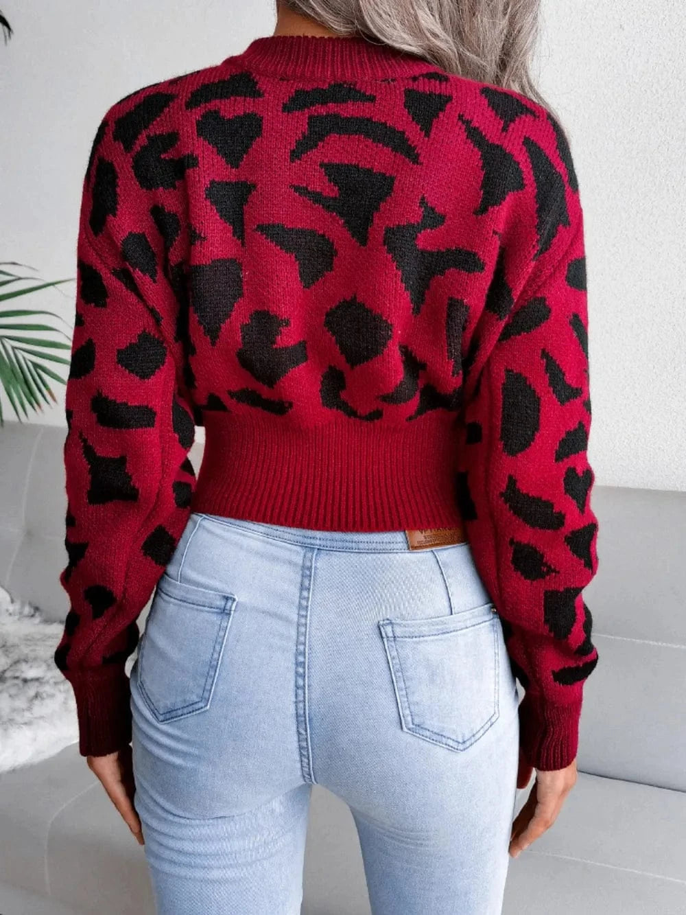 Trendsi Leopard Round Neck Dropped Shoulder Sweater