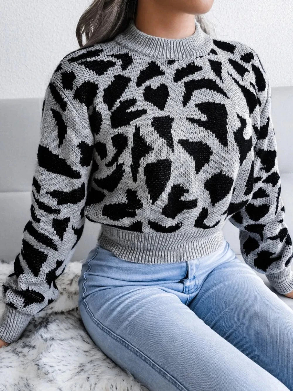 Trendsi Leopard Round Neck Dropped Shoulder Sweater