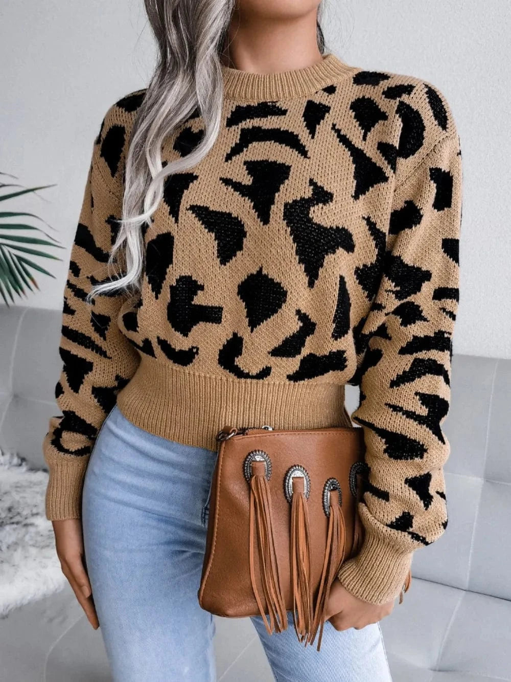 Trendsi Leopard Round Neck Dropped Shoulder Sweater